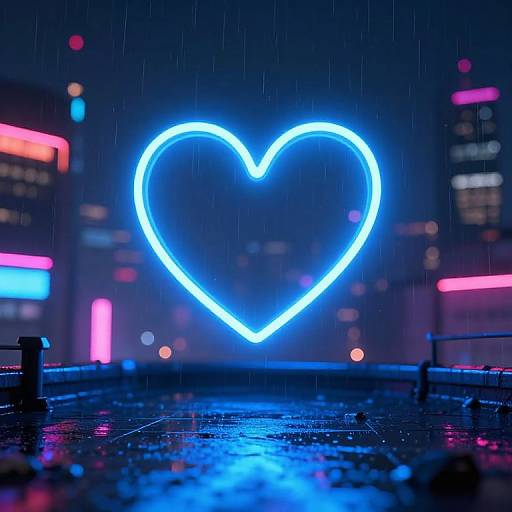 Neon Blue Heart on Rainy Rooftop