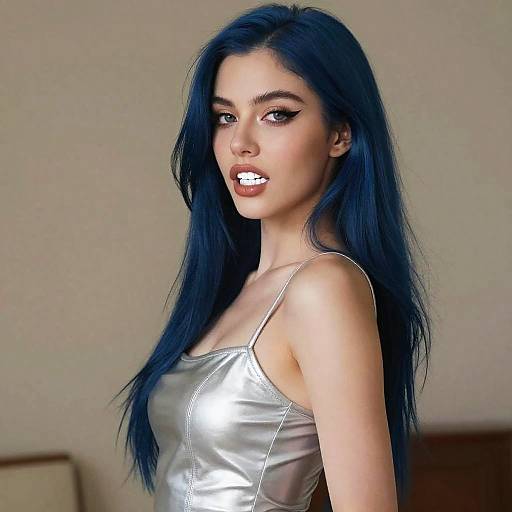 Woman with Blue Hair in Silver Dress