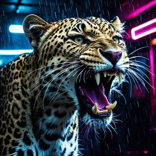 Snarling Leopard in Neon Rain