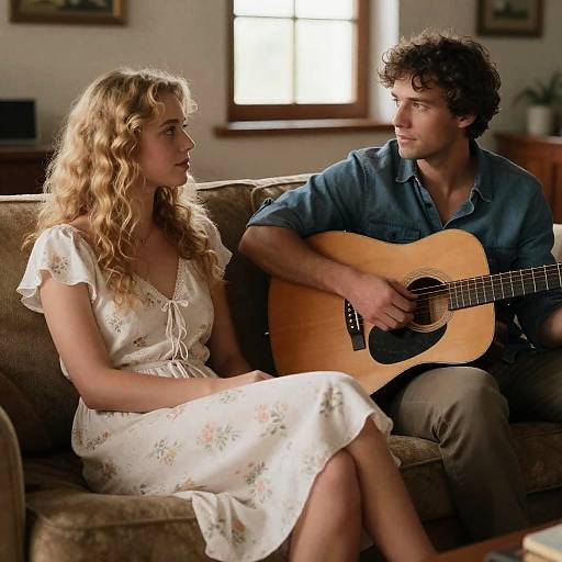 Cozy Couch Scene with Music and Conversation