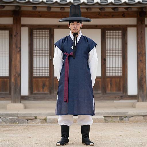 Photograph of a Korean man in traditional hanbok attire, black hat, white shirt, blue vest, white pants, black boots, standing in