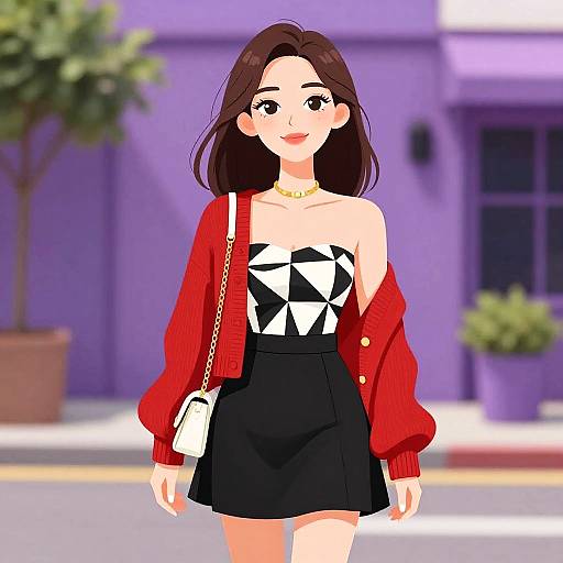 Digital anime-style drawing of a smiling woman with long brown hair, wearing a red cardigan, black-and-white geometric top, black skirt, white hand