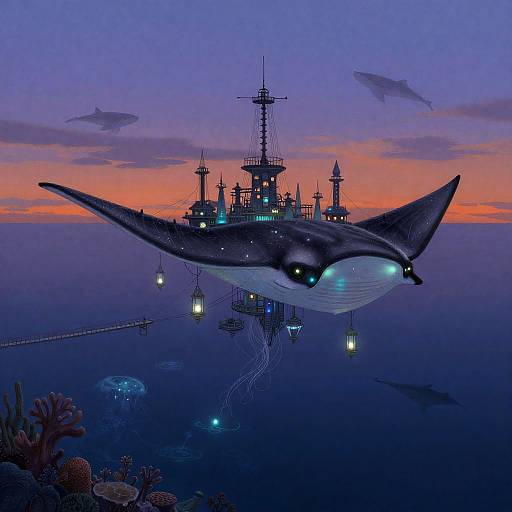 Bioluminescent Manta-Ray Floating Metropolis at Dusk