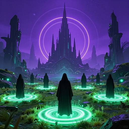 Digital artwork of a glowing purple night featuring a castle with neon rings, surrounded by cloaked figures standing in luminous green circles.