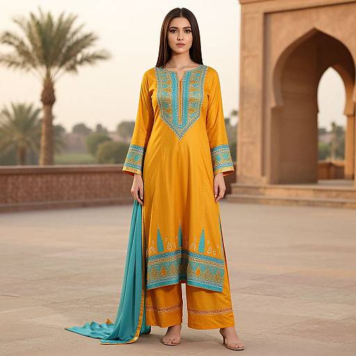 Photograph of a South Asian woman in an orange Punjabi kameez with blue embroidery, standing on a stone terrace with palm trees and a brick