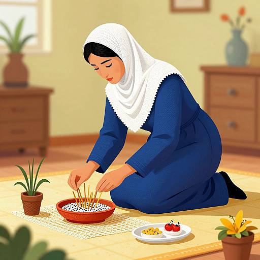 Digital illustration of a woman in a blue dress and white hijab, kneeling on a carpet, sorting grains in a bowl in a sunlit room with