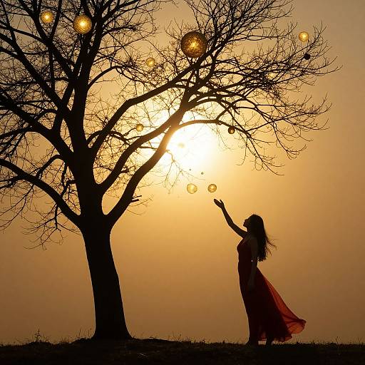 Silhouetted woman with long hair, in flowing dress, reaches for glowing orbs on bare tree against golden sunset sky.