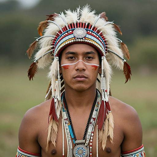 Photograph of a young Indigenous man with medium brown skin, wearing a traditional feathered headdress, bead necklaces, and red face paint, set