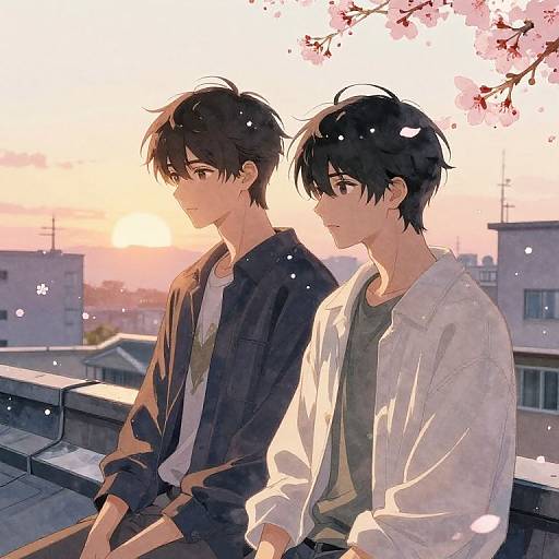 Anime-style drawing of two young men with black hair, sitting back-to-back on a rooftop at sunset, cherry blossoms falling. One wears a dark