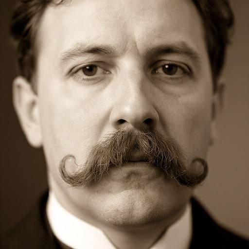 Black-and-white close-up photograph of a man with a thick, curled mustache, short dark hair, and serious expression, wearing a dark suit.