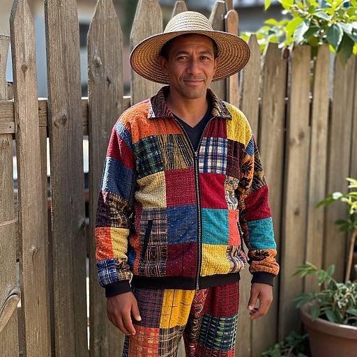 Vibrant Patchwork Fashion in Sunlit Garden