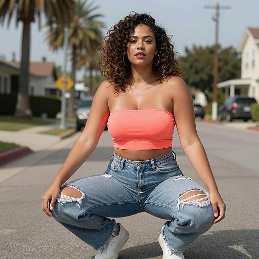 Confident Woman Squatting in Casual Summer Outfit