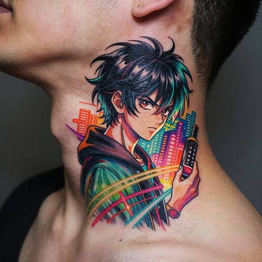Vibrant Anime Neck Tattoo Neon Glow