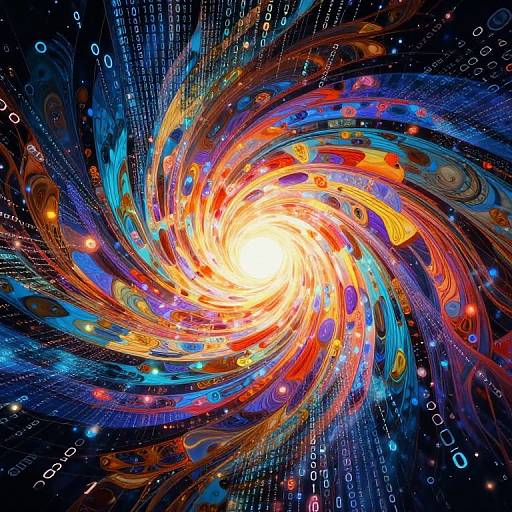 Vibrant, swirling abstract digital artwork featuring a bright, glowing center, surrounded by colorful, spiral patterns, and digital codes against a dark, star