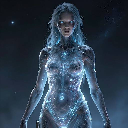 CGI image of a glowing, cybernetic woman with blue light accents, long silver hair, and futuristic armor, standing against a dark, star