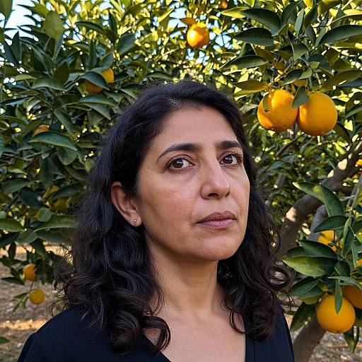 Photograph of a middle-aged South Asian woman with dark wavy hair, brown eyes, and olive skin, standing in an orange tree orchard with