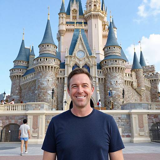 Photograph of a smiling man in a black t-shirt standing in front of Disney's Cinderella Castle with a bright blue sky.