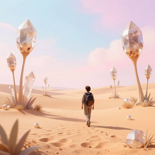 Digital art of a lone figure in a desert, walking away from crystal-like structures under a bright, clear sky.