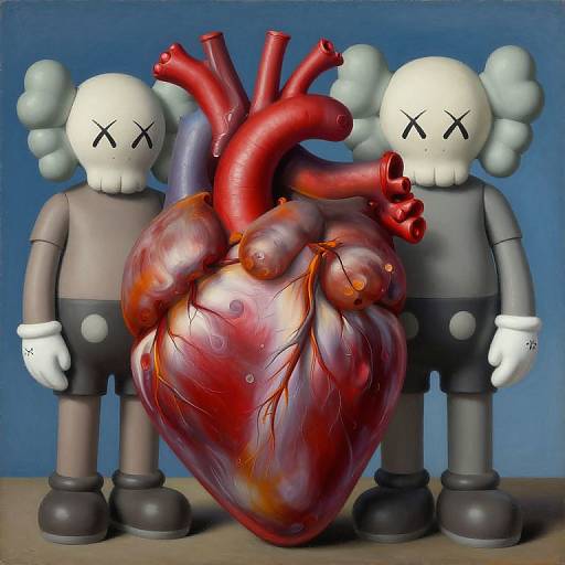Photograph of two white, X-eyed cartoon figures flanking a red, textured, anatomical heart sculpture with red arteries, against a blue background.