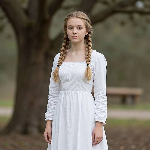 Photograph of a young Caucasian woman with light blonde hair in two braids, wearing a white long-sleeve dress, standing in a blurred forest