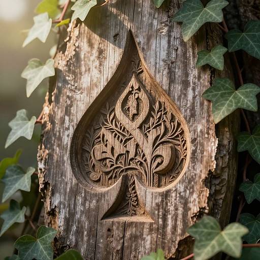 Photograph of intricately carved wooden spade design on weathered tree trunk, surrounded by green ivy leaves, bathed in sunlight.
