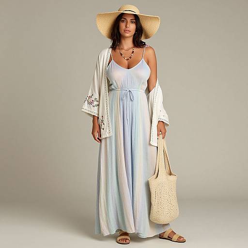 Photograph of a woman with tan skin, dark curly hair, wearing a white sundress, wide-brimmed straw hat, embroidered cardigan,