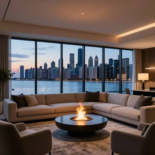Photograph of a modern living room with a circular white sectional sofa, a black coffee table with a lit fire pit, city skyline view through floor-to
