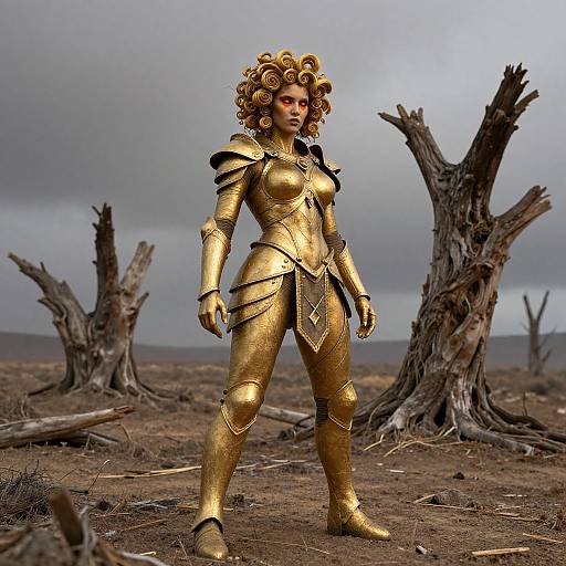 Woman in Golden Battle Armor with Fiery Eyes in Wasteland