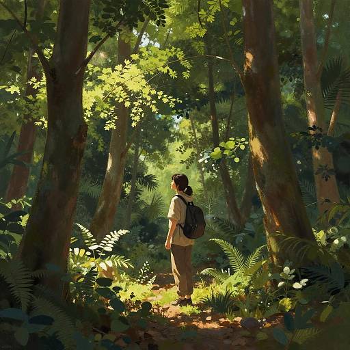 Digital anime-style illustration of a person with a backpack, standing in a sunlit, lush forest, surrounded by tall trees and vibrant green ferns.
