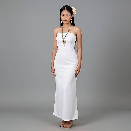 Photograph of a young woman with long black hair, wearing a strapless white maxi dress, brown sandals, gold necklace, and flower hair accessory,