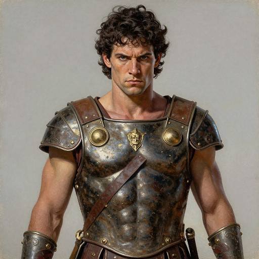 Photorealistic digital art of a muscular, curly-haired man in shiny, bronze ancient Roman armor with gold accents, serious expression, and gray background.