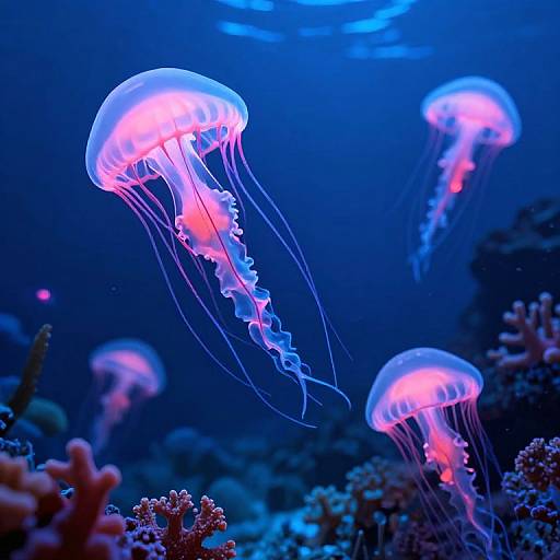 Photograph of vibrant, glowing pink and blue jellyfish floating among dark blue underwater coral reef, with soft, flowing tentacles.