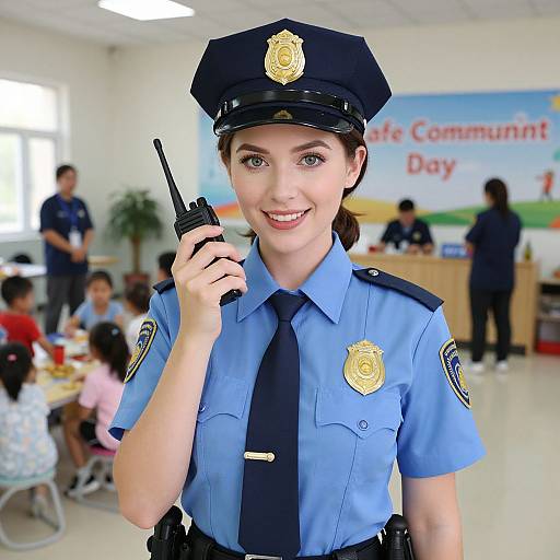 Photograph of a smiling young white female police officer with blue uniform, black tie, and hat, holding a radio, in a brightly lit classroom with