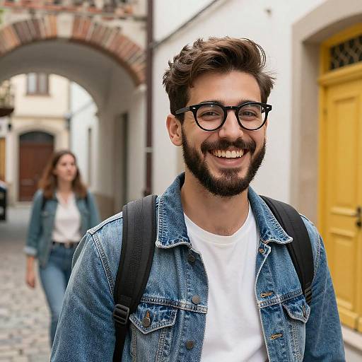 Smiling Young Man in Denim Jacket on Cobblestone Street