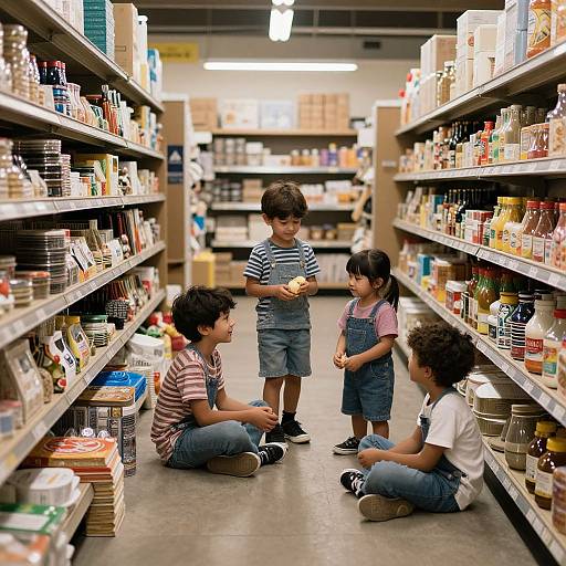 Photograph of four children in a brightly lit grocery store aisle, sitting and standing among colorful shelves of packaged goods.