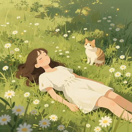 Tranquil Woman and Playful Cat in Nature
