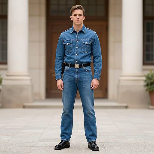 Photograph of a handsome, fair-skinned man with short brown hair, wearing a blue denim shirt and matching pants, black belt, and shoes,