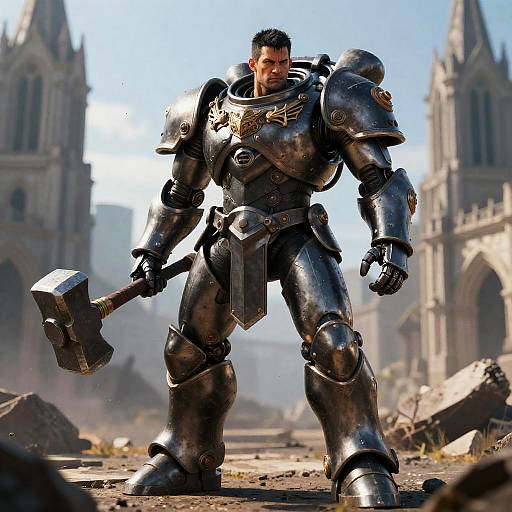 Warrior in Worn Ironhands Armor with Hammer