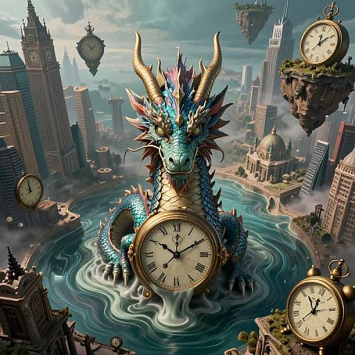 Digital artwork of a blue, dragon-like creature with gold horns and spikes, emerging from a city lake, surrounded by floating clocks.