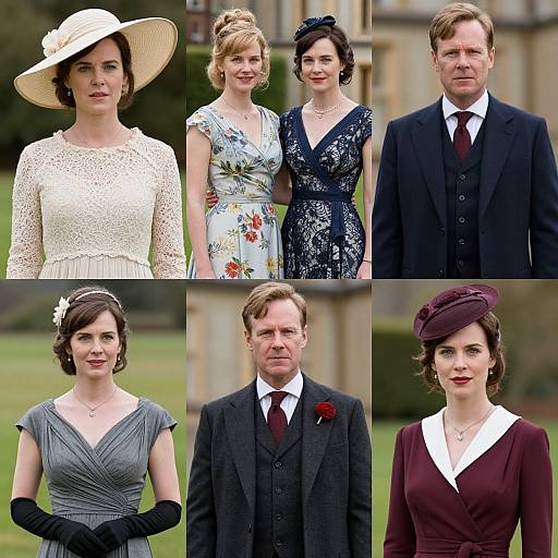 Photograph of six formally dressed individuals, three women and three men, in vintage attire, wearing hats, lace dresses, and suits, standing outdoors.