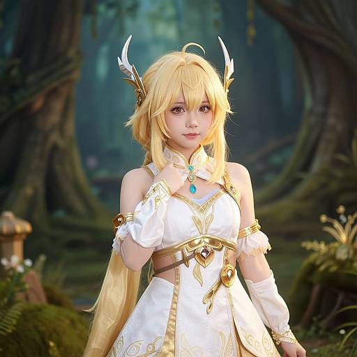 Digital anime-style photograph of a blonde, fair-skinned woman with white and gold fantasy armor, winged headpiece, and blue gem necklace in a