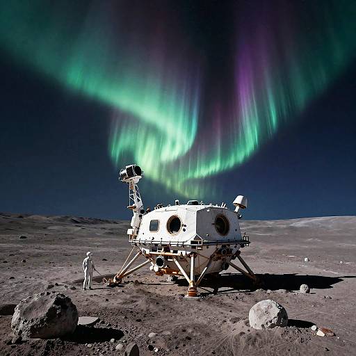 Deserted Lunar Colony Under Auroras