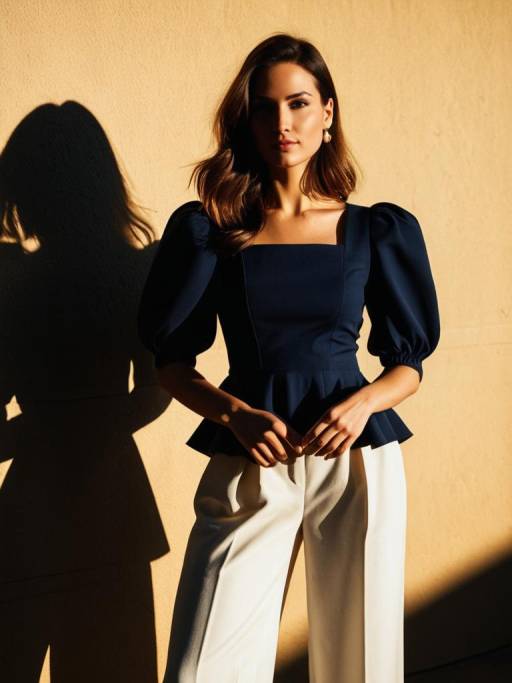 Woman in Navy Blue Puff-Sleeve Top and White Culottes