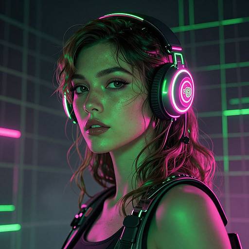 Digital artwork of a young woman with wet, wavy brown hair, wearing neon pink and green headphones, against a grid-patterned background with colorful neon