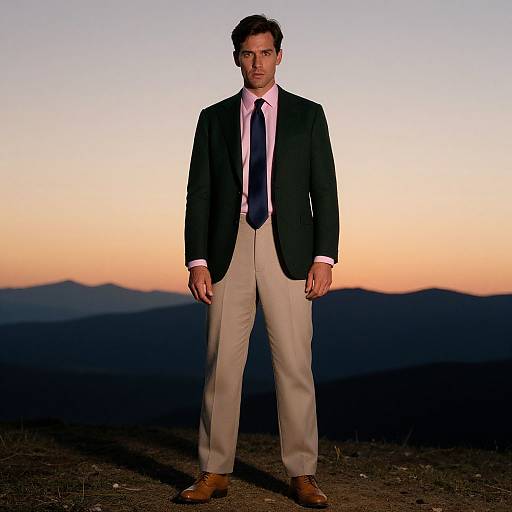 Photograph of a man in a black blazer, white shirt, blue tie, beige pants, and brown shoes, standing against a sunset mountain backdrop