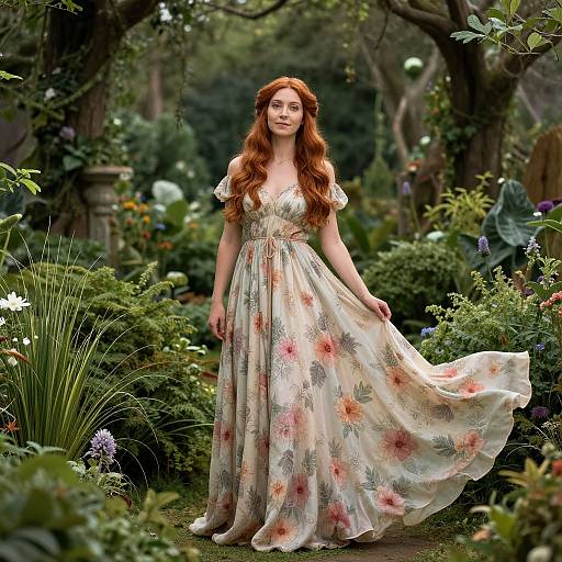 Photograph of a red-haired woman with long, wavy hair in a flowing, floral dress standing in a lush, enchanted garden.