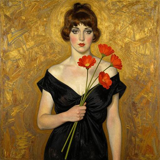 Expressionist painting of a fair-skinned woman with dark hair in an updo, wearing a black off-shoulder dress, holding red flowers,