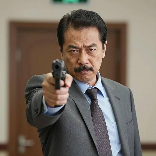 Middle-aged man pointing gun intensely