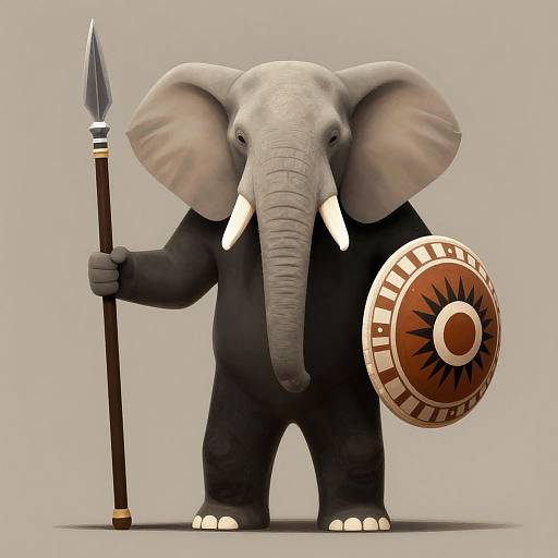 CGI image of a small, black, cartoon-style elephant warrior with white tusks, holding a spear and a circular shield.
