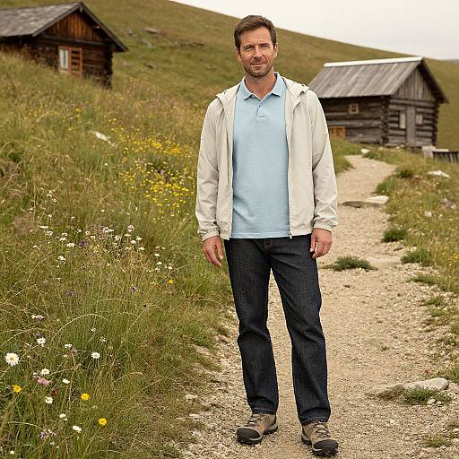 Photograph of a middle-aged man with short brown hair, light beard, wearing a white jacket over a light blue polo and dark pants, standing on